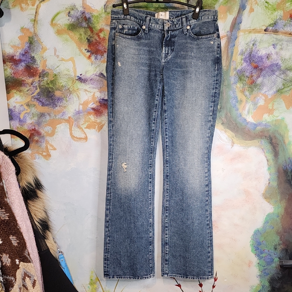 7 For All Mankind Blue Mirabel Flare Leg Jeans With Floral Beads
